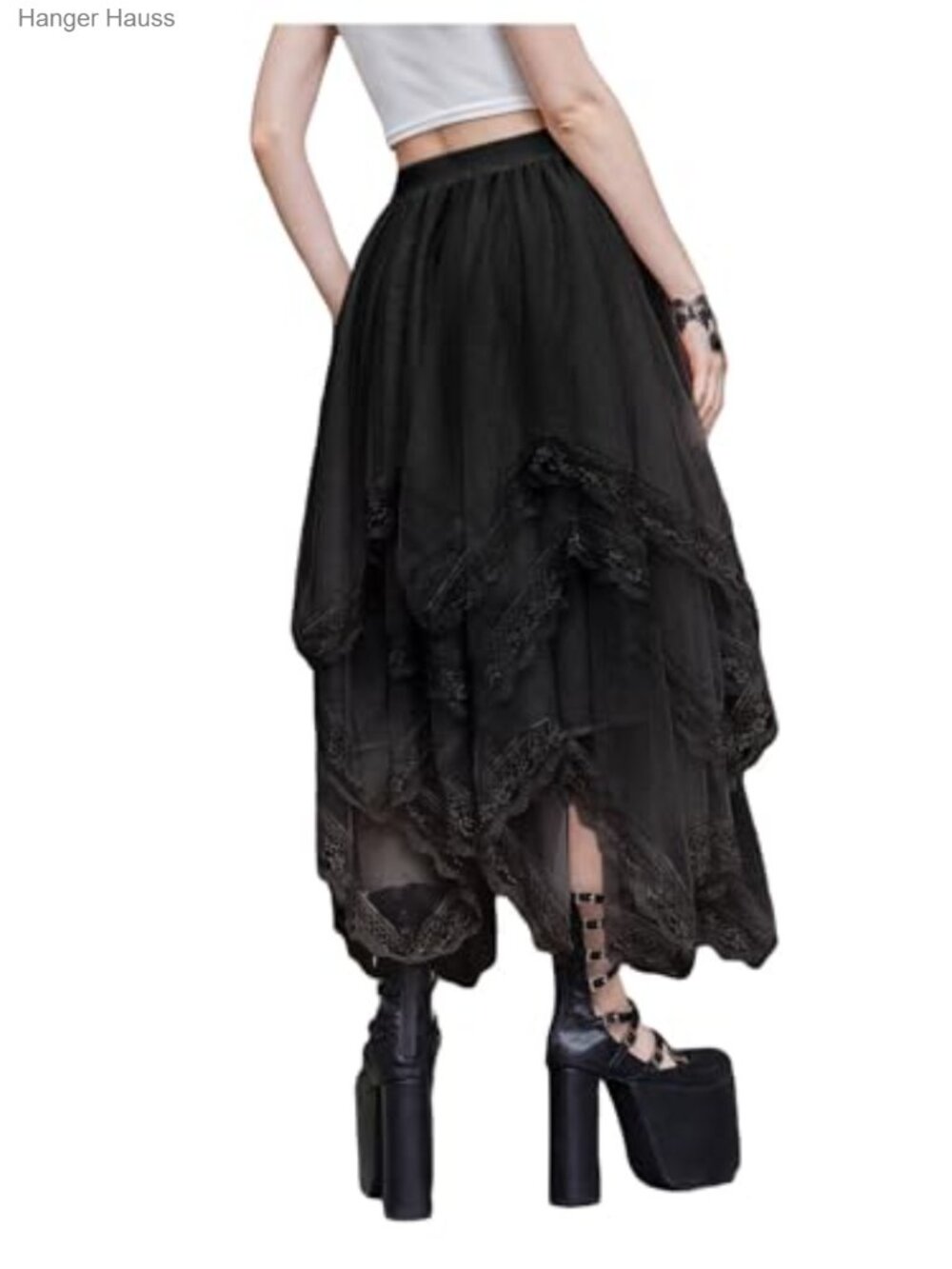Lace Trim Mesh Tulle Skirt High Waist Asymmetrical Long Goth Skirt - Picture 2 of 6
